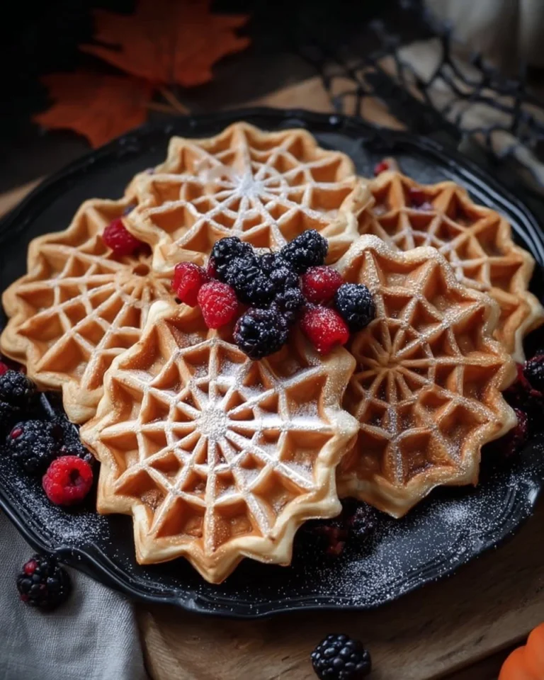 Spider web Halloween waffles topped with chocolate and icing for a spooky treat
