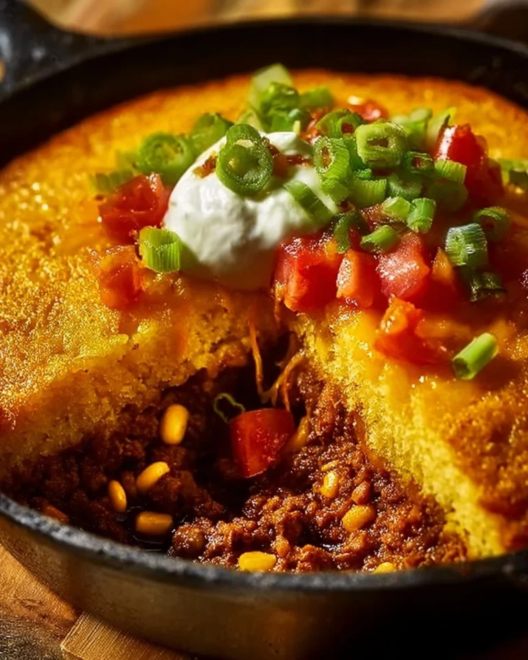 Delicious Texas Tamale Pie Casserole topped with cheese and jalapeños