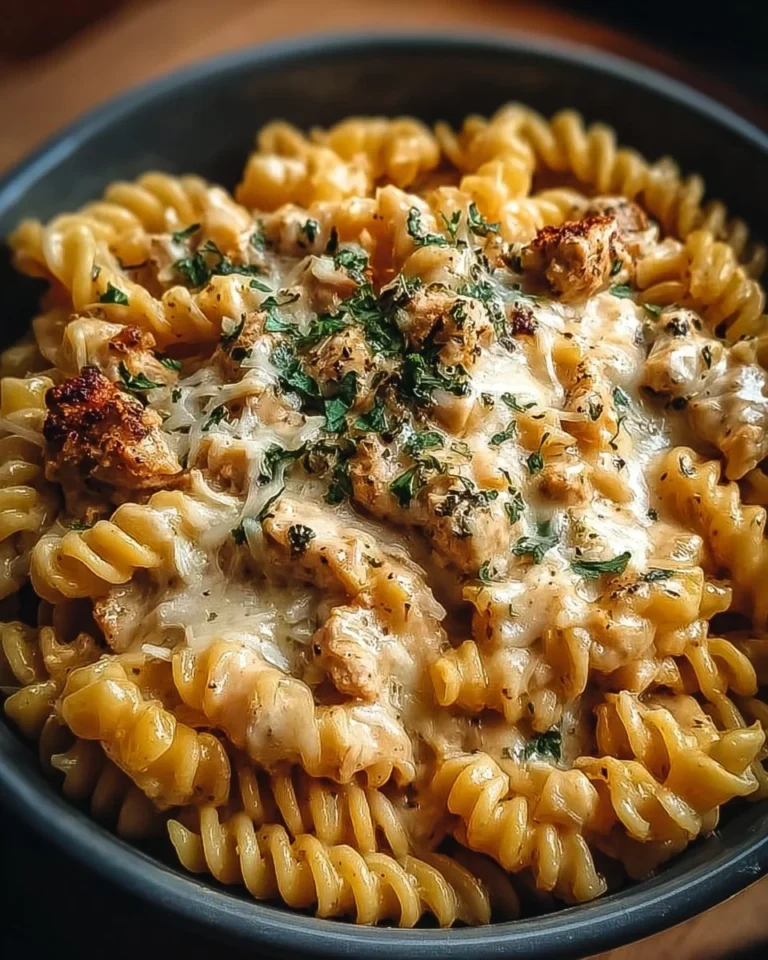 Delicious Crockpot Garlic Parmesan Chicken Pasta served in a bowl