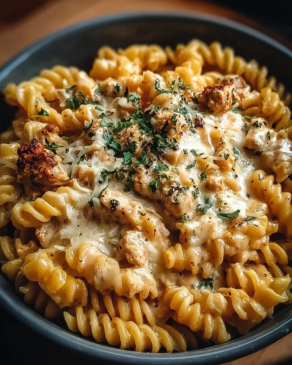 Delicious Crockpot Garlic Parmesan Chicken Pasta served in a bowl