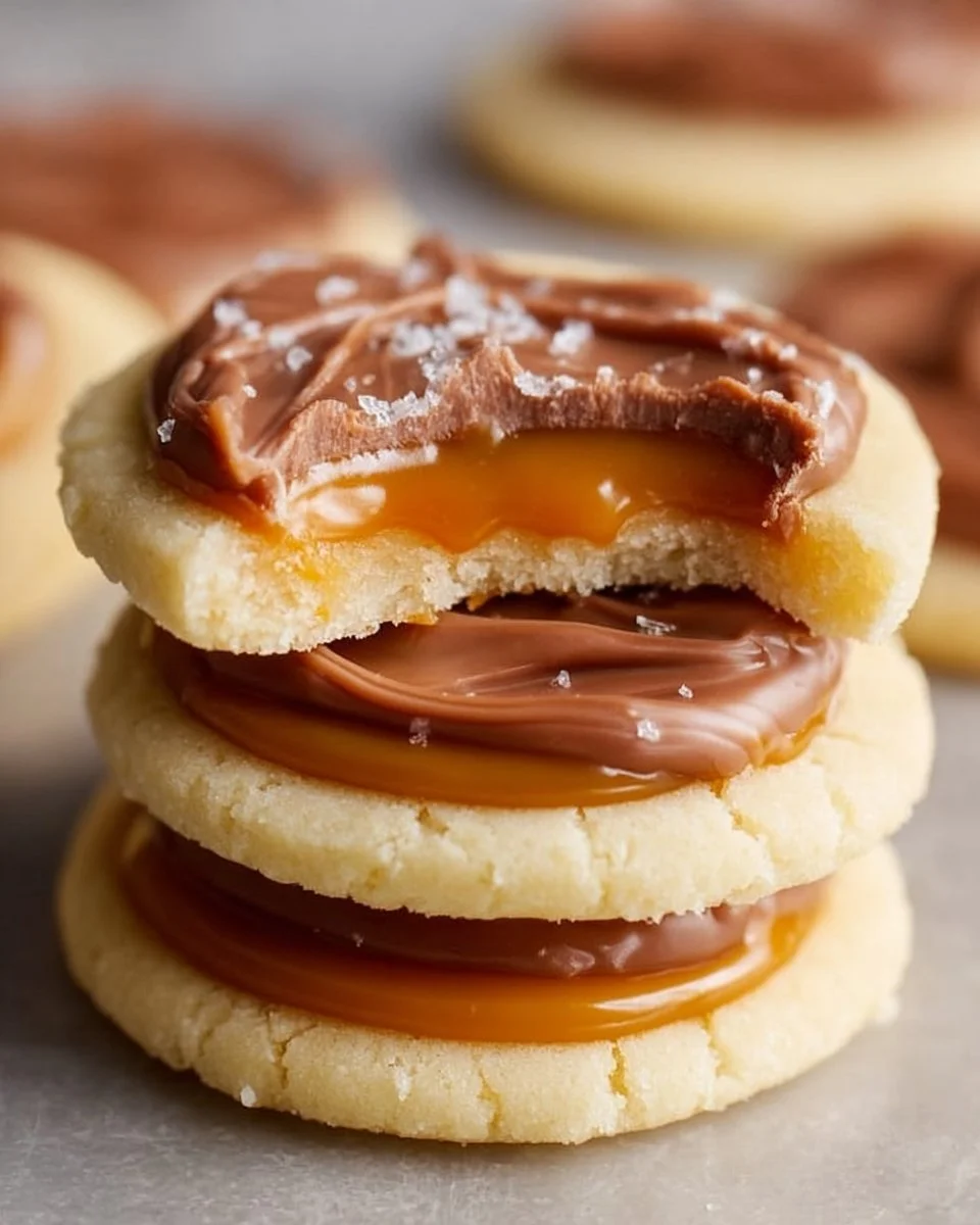 Delicious Twix Cookies with sugar cookie crust, caramel, and chocolate topping.