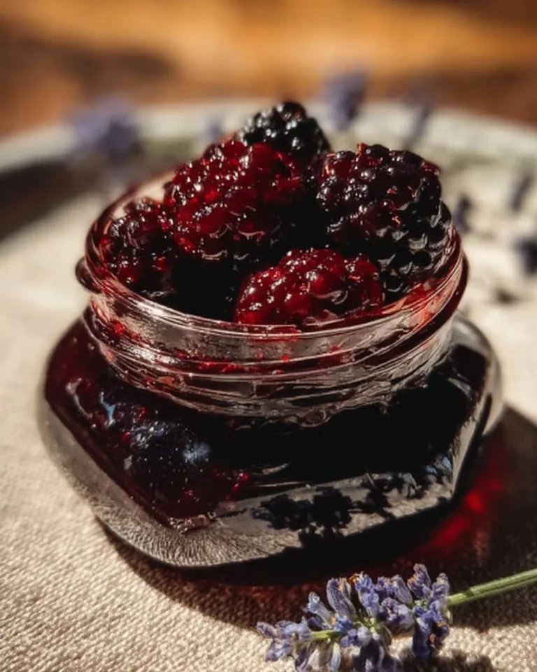 Jar of homemade Vanilla Lavender Blackberry Jam with fresh blackberries and lavender flowers