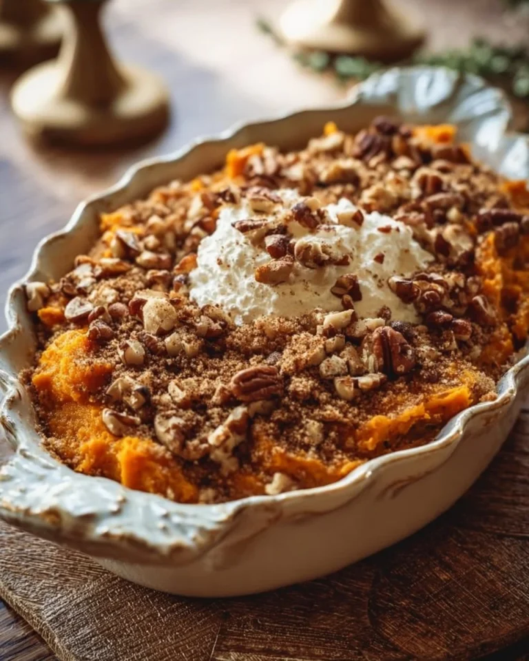 Vegan sweet potato casserole topped with pecans and marshmallows