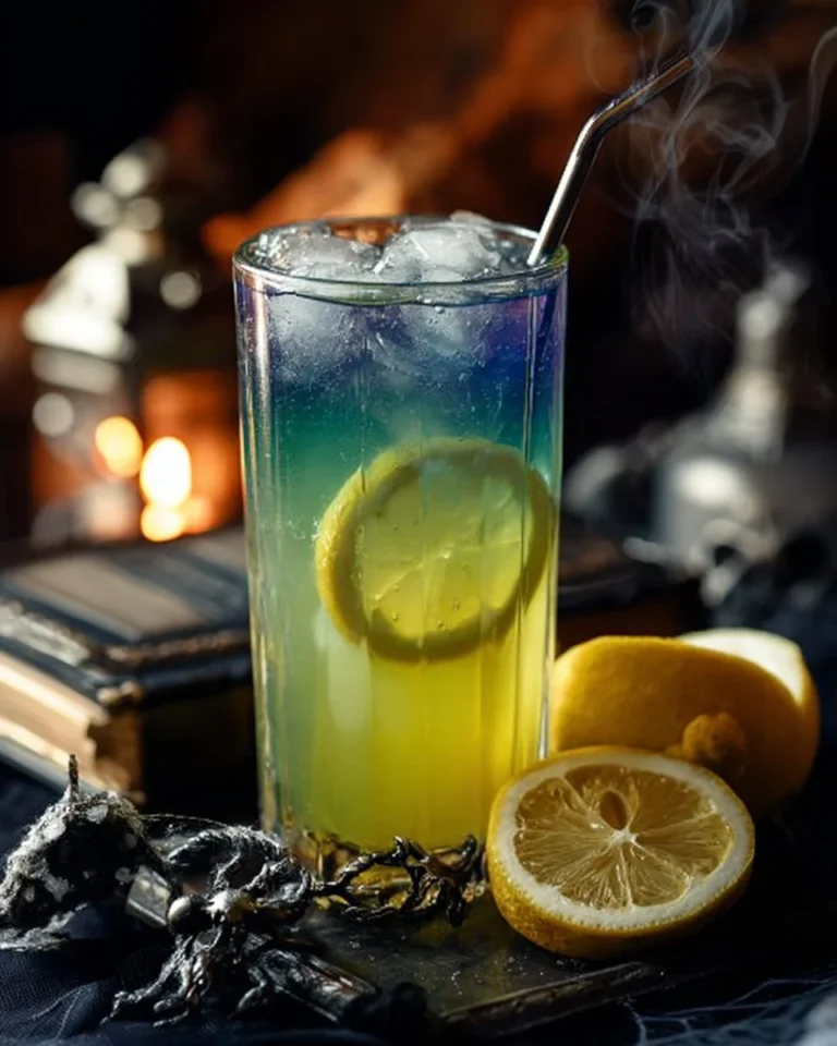 A glass of Witches Brew Lemonade served with a slice of lemon and mint leaves.