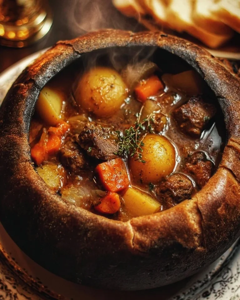 Witch's Cauldron Beef Stew in a rustic bowl with herbs and spices