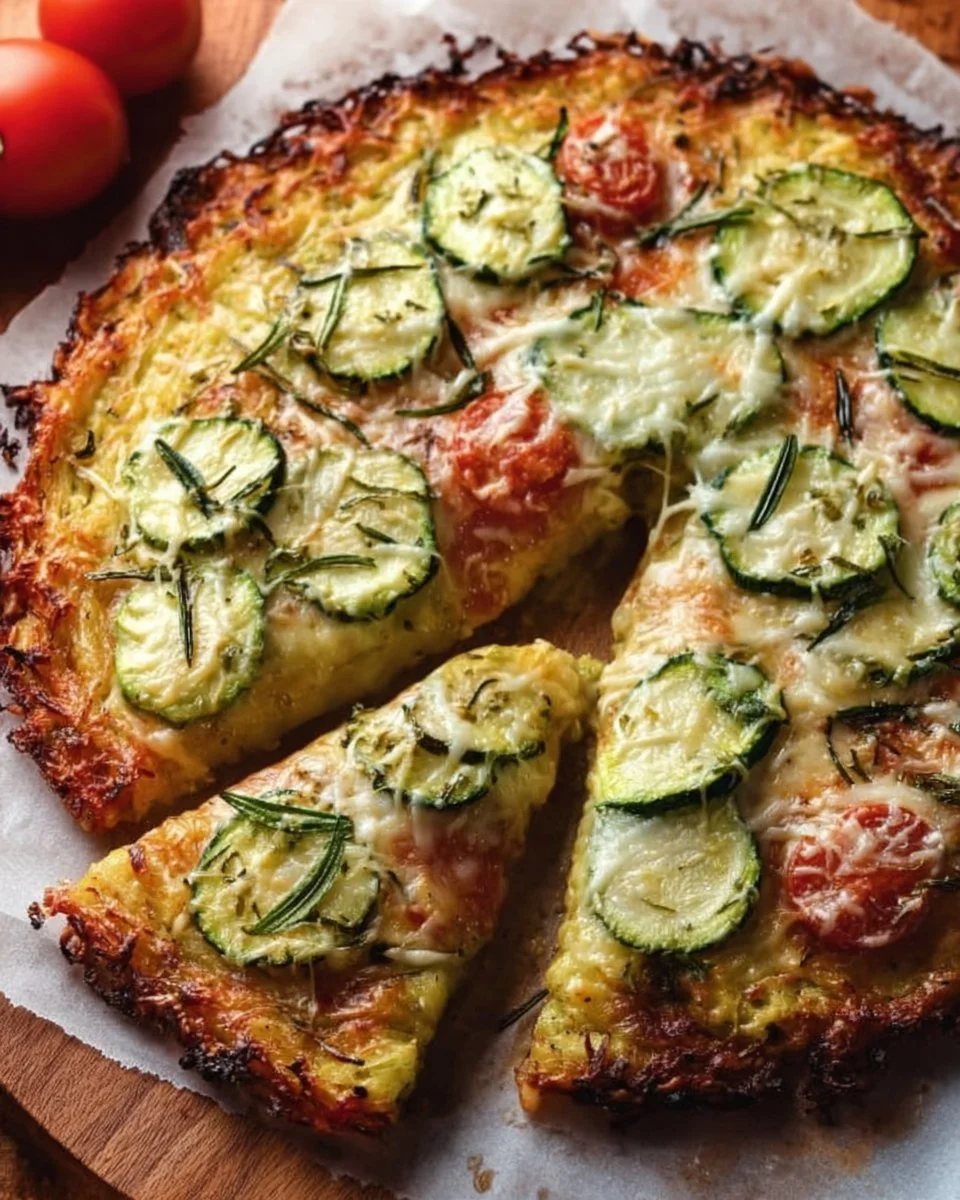 Zucchini-Crusted Pizza topped with fresh vegetables and cheese
