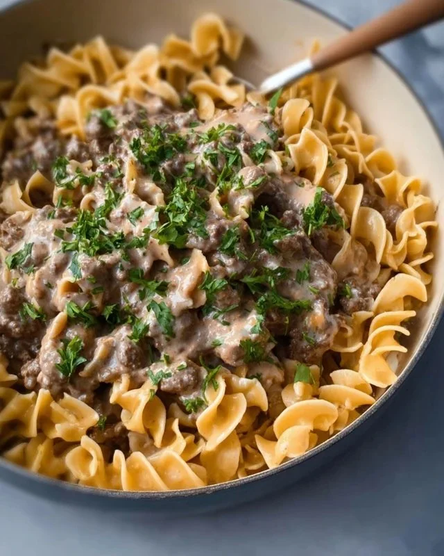 30-Minute Ground Beef Stroganoff served in a bowl with noodles and mushrooms