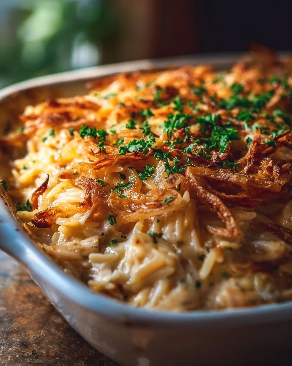 French Onion Chicken Orzo Casserole