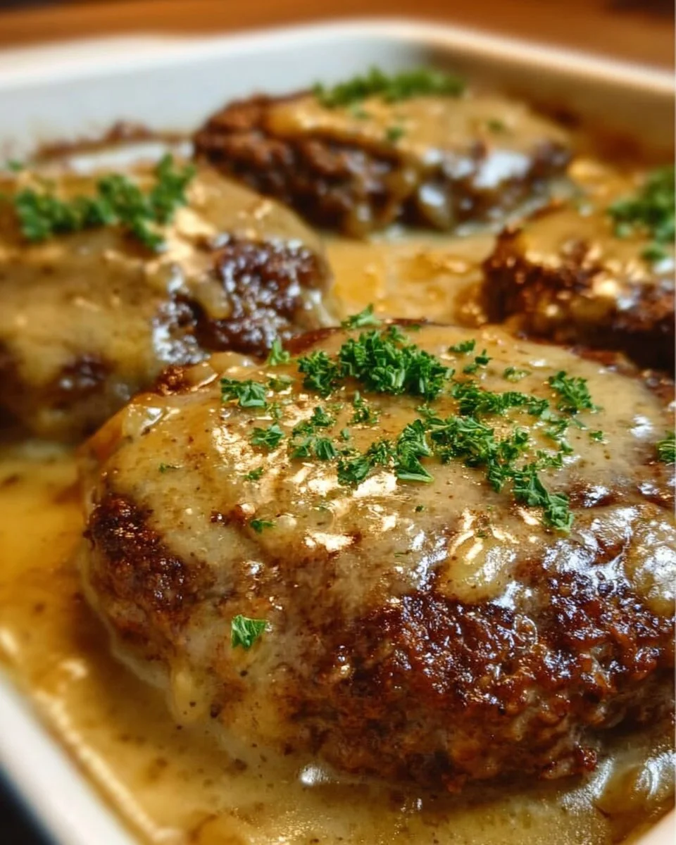 Delicious Amish Hamburger Steak Bake served with gravy and vegetables.