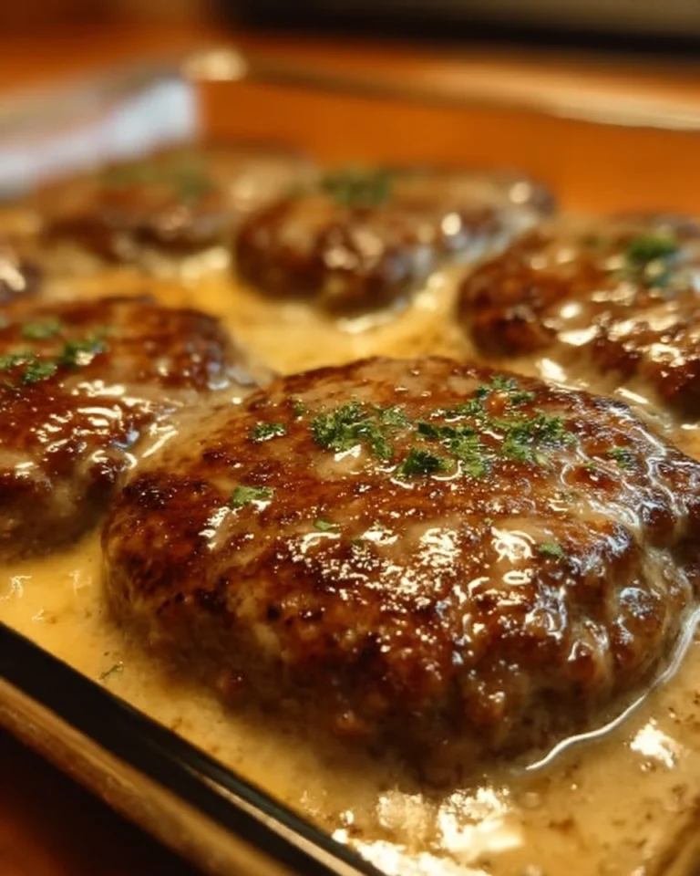 Amish Hamburger Steak Bake served with gravy and vegetables