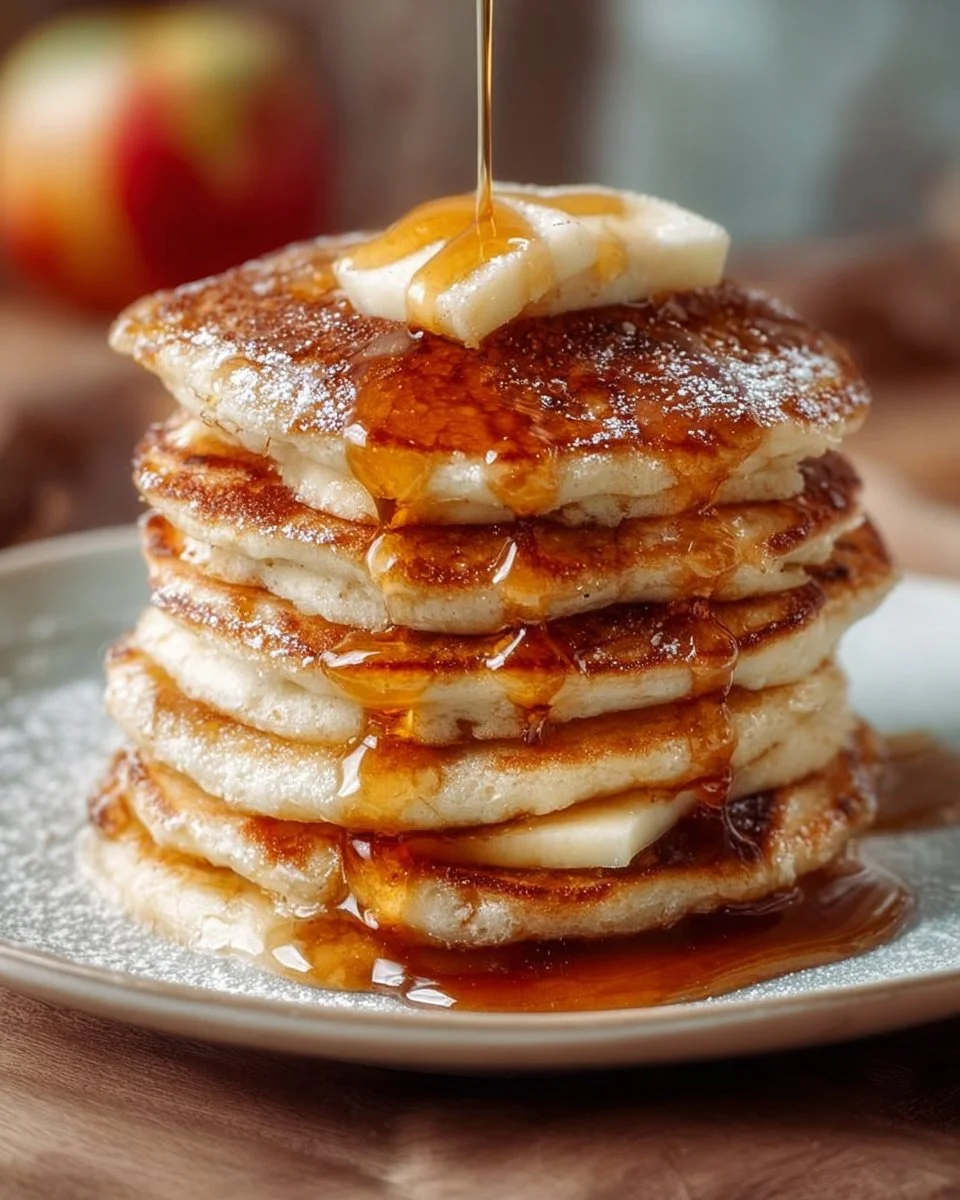 Delicious Apple Cinnamon Pancakes with warm apple topping and cinnamon sprinkles.