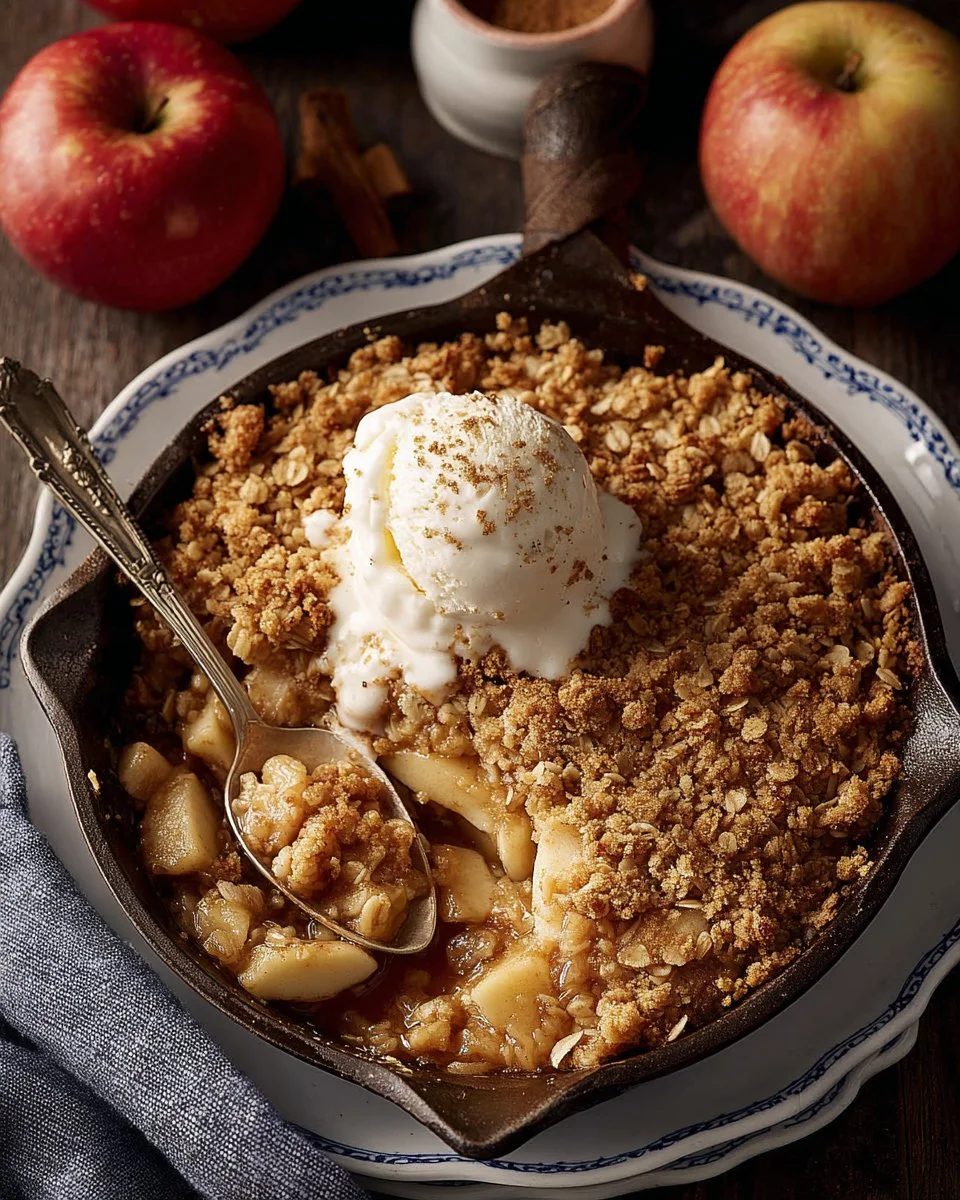 Warm apple crisp dessert topped with oats and cinnamon