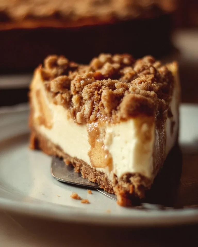 Delicious Apple Crumble Cheesecake with apple topping and crumble crust.