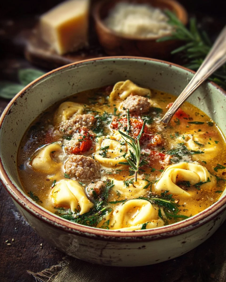 Bowl of autumn tortellini soup with vegetables and herbs
