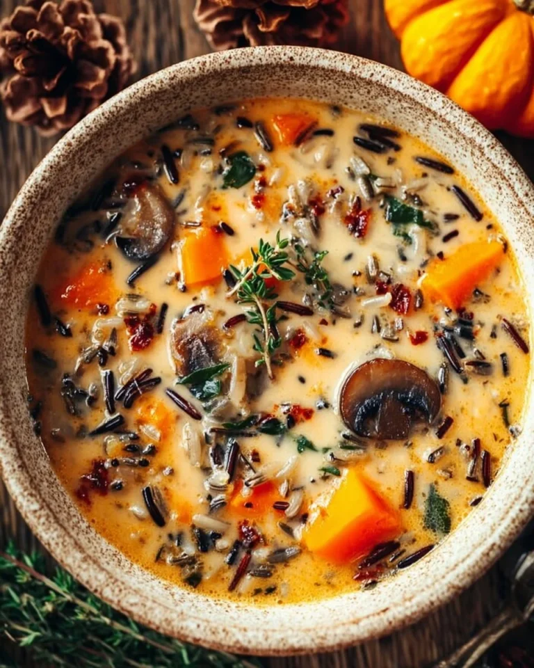 A bowl of Autumn Wild Rice Soup with fresh ingredients and herbs.
