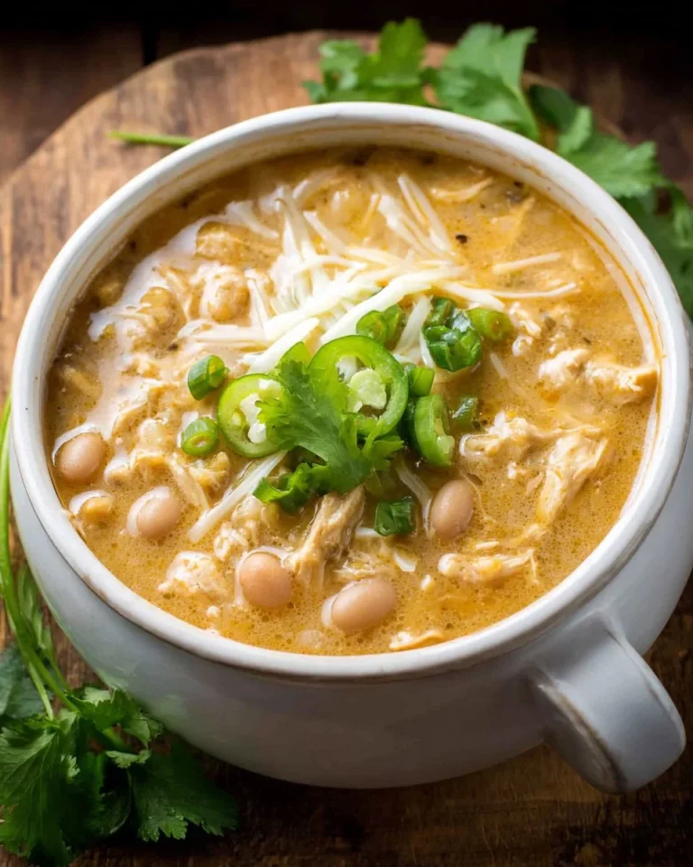 Delicious bowl of award-winning white chicken chili topped with fresh herbs.
