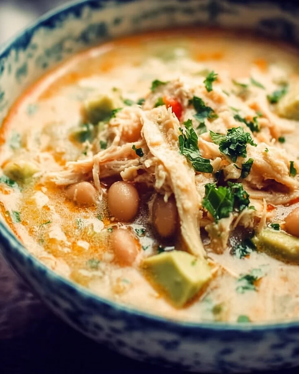 A bowl of Award Winning White Chicken Chili topped with fresh cilantro.