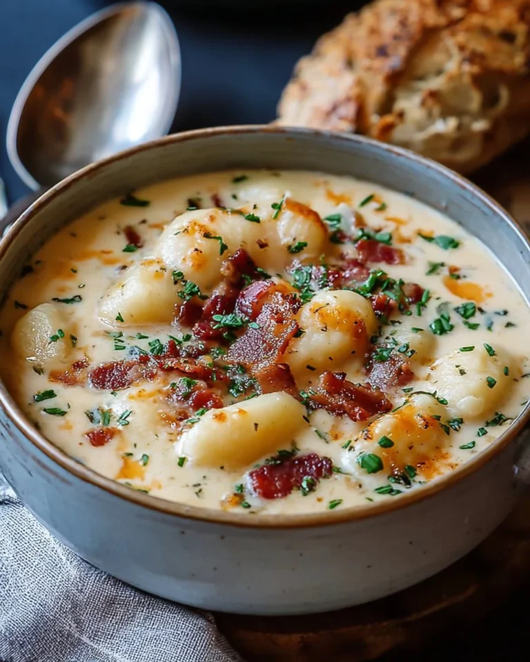 Bacon Cheddar Gnocchi Soup in a bowl garnished with herbs