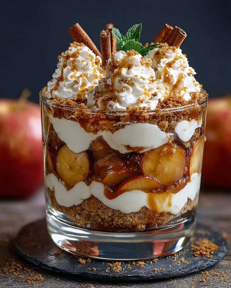 Delicious baked apple caramel trifle dessert with layers of apples and caramel