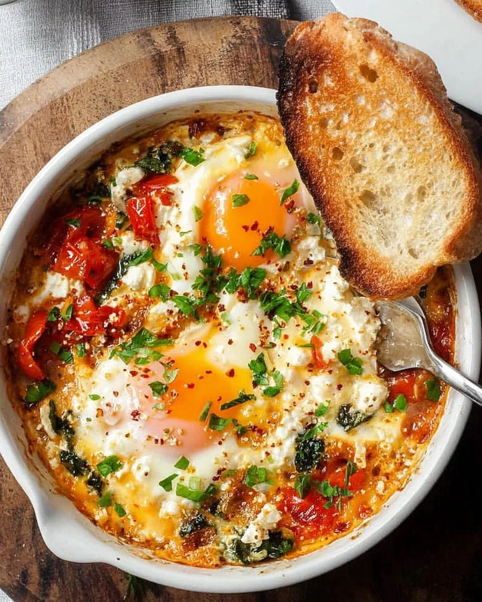 Plate of baked feta eggs topped with herbs and spices