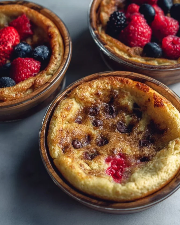 Baked protein pancake bowls topped with fresh fruits and nuts