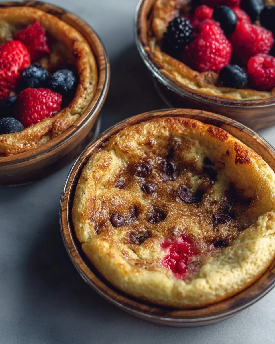 Baked protein pancake bowls topped with fresh fruits and nuts