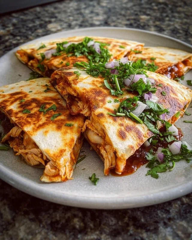 Delicious BBQ chicken quesadillas on a plate with melted cheese and fresh ingredients.