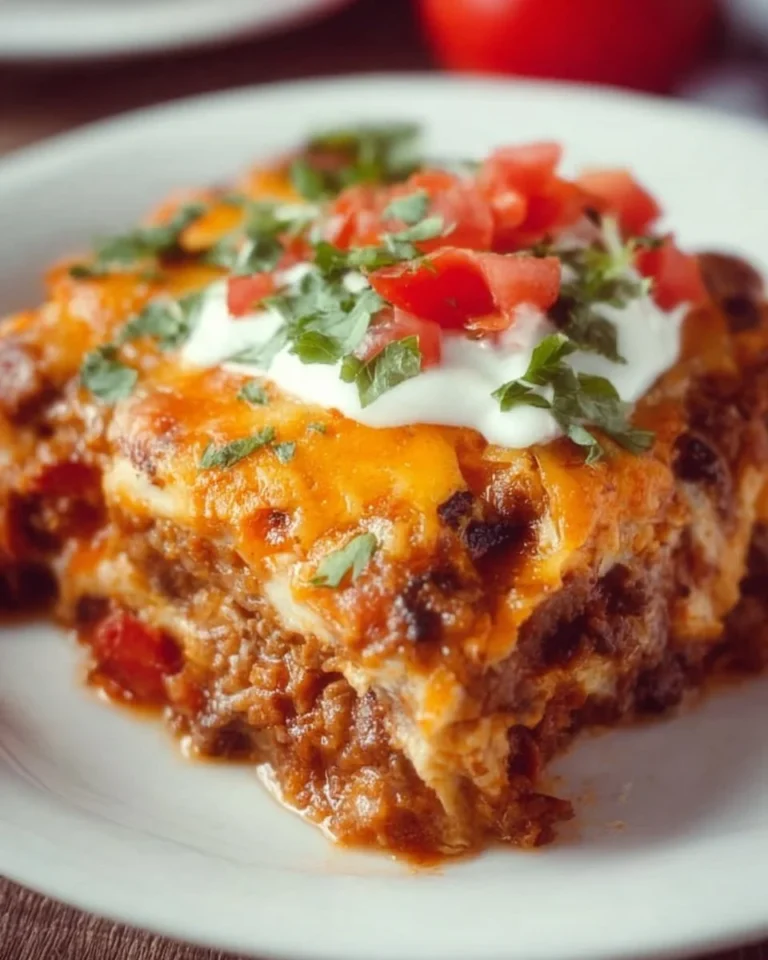 Delicious beef enchilada casserole with cheese and toppings, ready to serve.