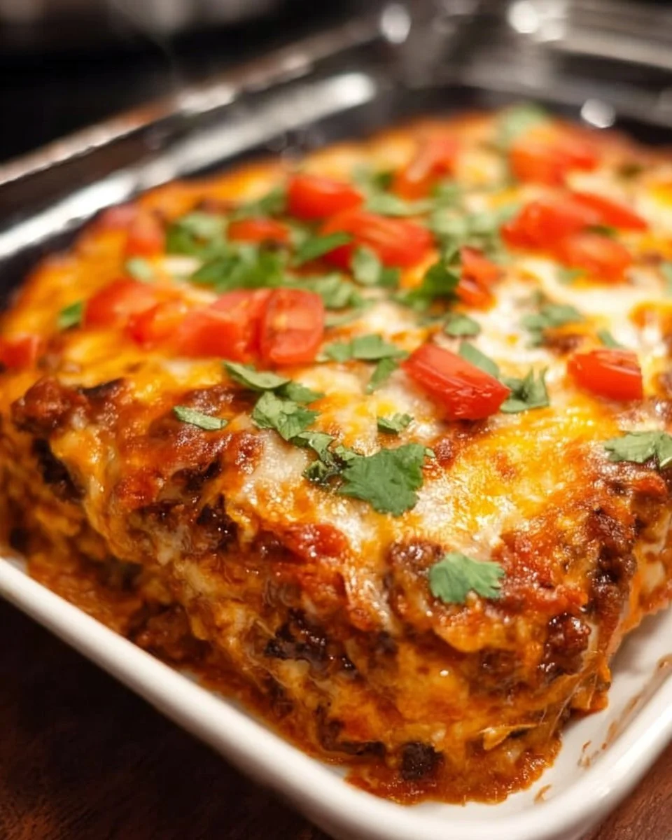 Beef enchilada casserole with cheese and toppings in a baking dish