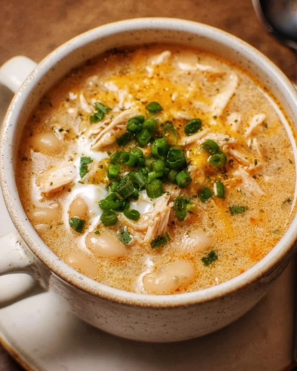 Bowl of creamy white chicken chili topped with cilantro and cheese