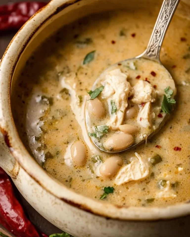 A bowl of delicious homemade white chili topped with cilantro and cheese.