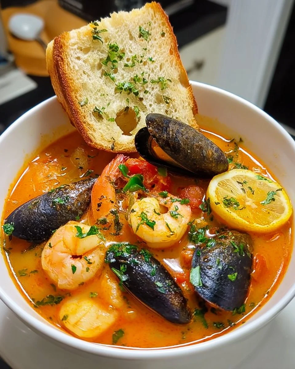 Delicious Bowl of Bouillabaisse Seafood Stew with Fresh Ingredients