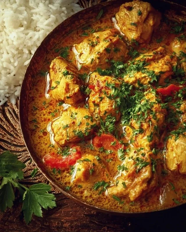 Delicious Brazilian Coconut Chicken served on a plate with herbs