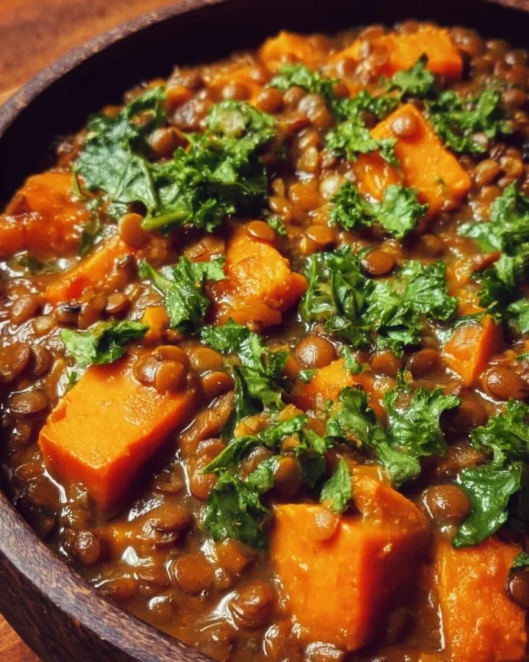 Bowl of brown lentil sweet potato curry topped with fresh herbs