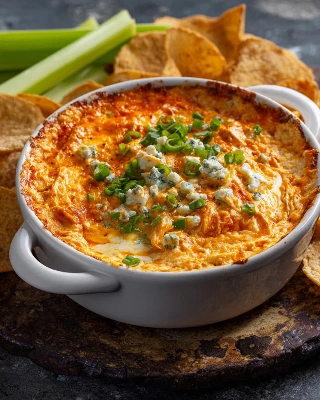 A bowl of creamy Buffalo Chicken Dip with tortilla chips served on the side.