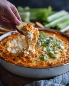 Delicious Buffalo Chicken Dip served in a bowl with chips