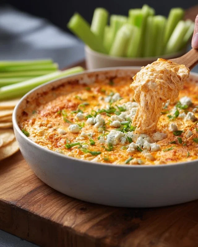 Delicious Buffalo Chicken Dip served in a bowl with tortilla chips.