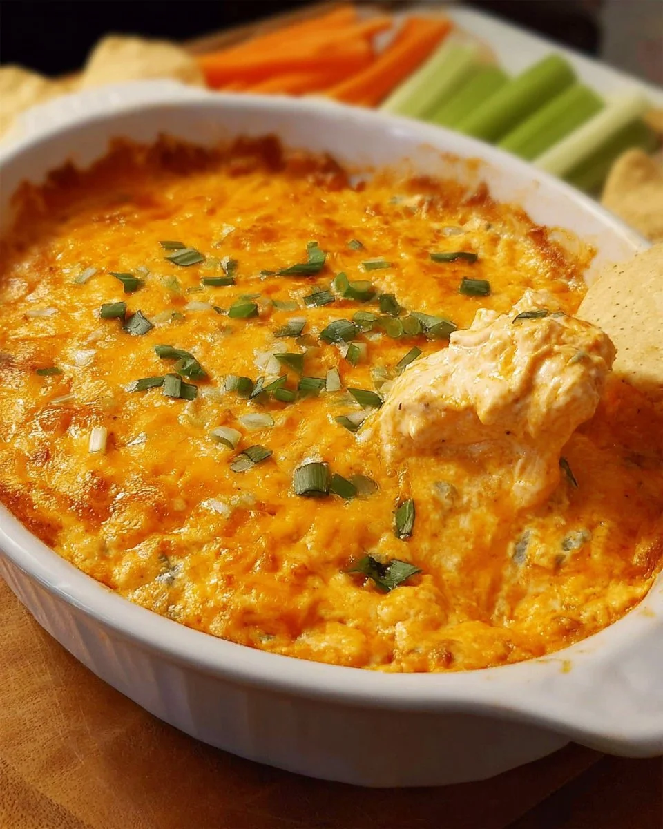 Creamy and spicy Buffalo Chicken Dip served in a bowl with tortilla chips