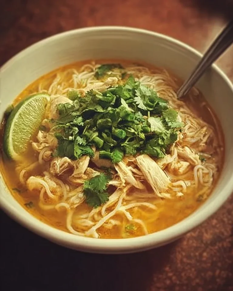 Bowl of flavorful Burmese Chicken Noodle Soup with chicken, noodles, and spices.