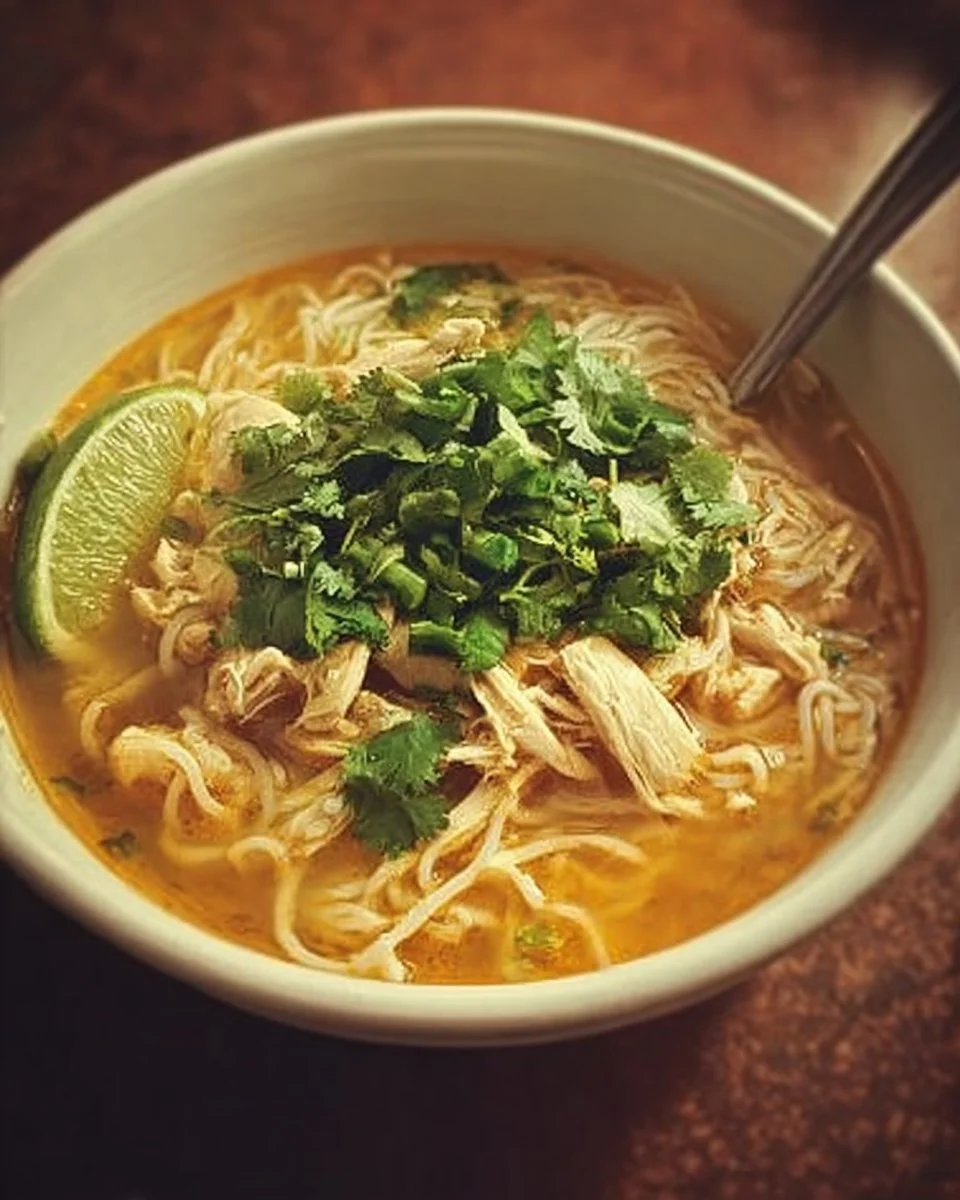 Bowl of flavorful Burmese Chicken Noodle Soup with chicken, noodles, and spices.