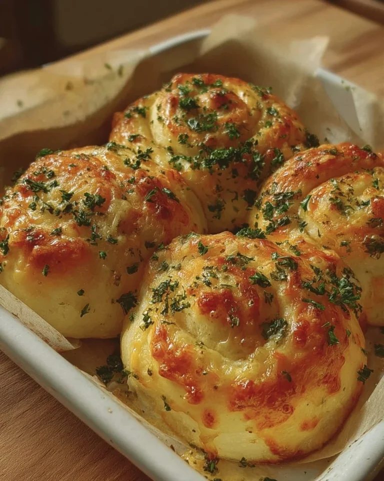 Delicious buttery cheese garlic rolls served on a wooden platter.