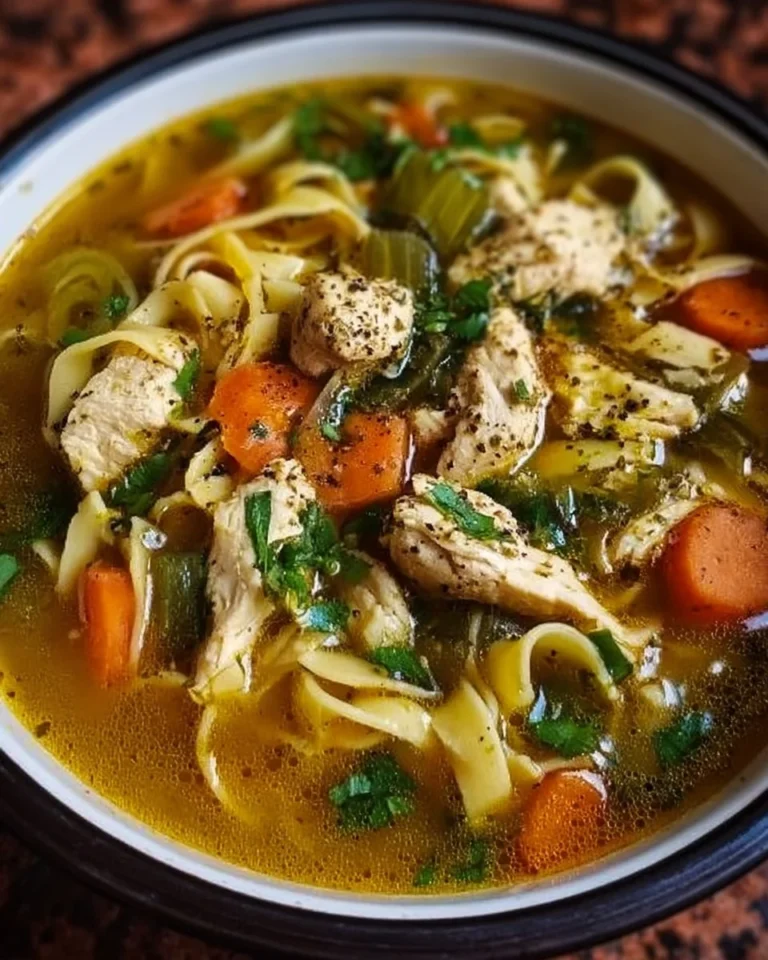 Bowl of flavorful Cajun Chicken Soup with noodles and fresh herbs