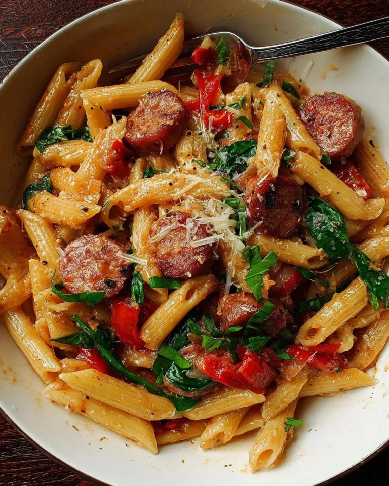 Delicious Cajun Sausage Pasta with spicy sausage and colorful veggies in a creamy sauce
