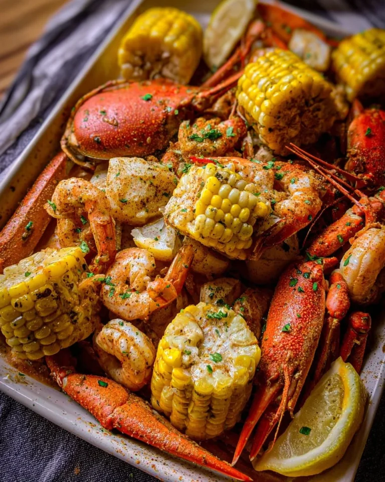 Cajun seafood boil with shrimp, corn, potatoes, and garlic butter sauce on a table