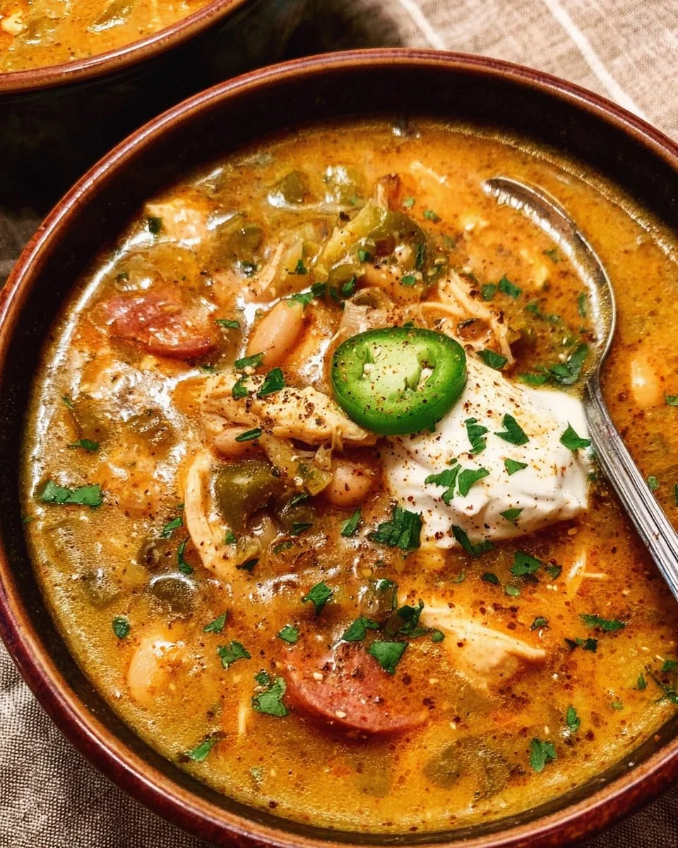 Bowl of spicy Cajun White Chicken Chili garnished with fresh herbs