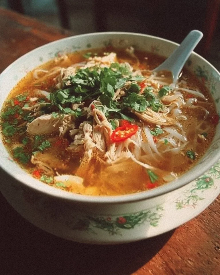 Bowl of Cambodian Chicken Noodle Soup garnished with fresh herbs
