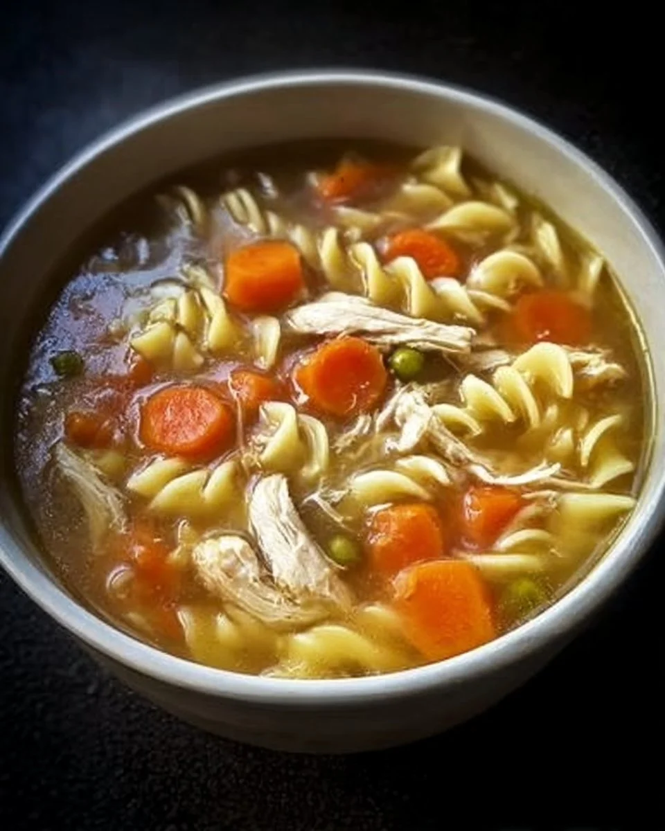 A bowl of Campbell's Chicken Noodle Soup with herbs and noodles.