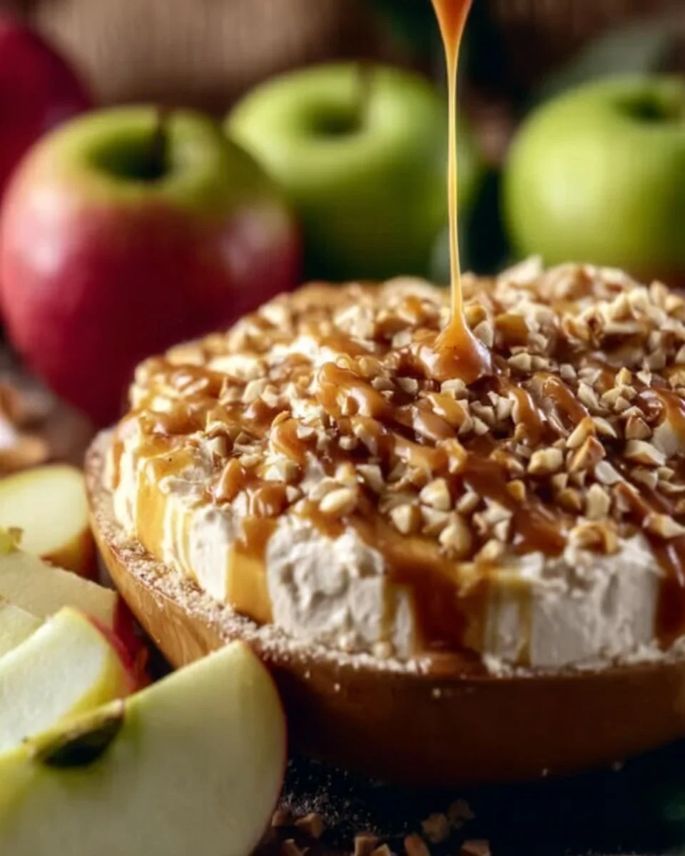 Delicious caramel apple cheesecake dip served in a bowl with apple slices.
