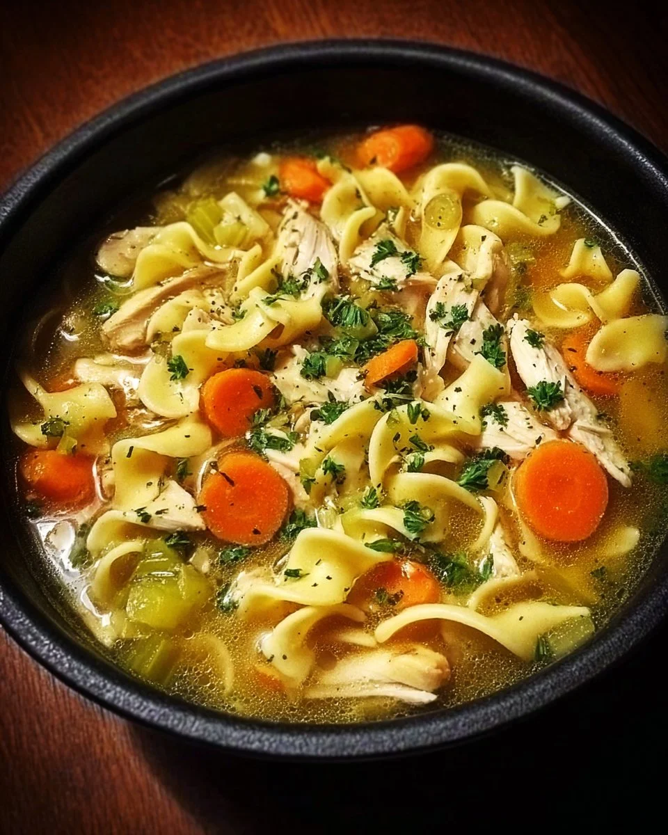 A bowl of Cast Iron Chicken Noodle Soup garnished with herbs and vegetables.