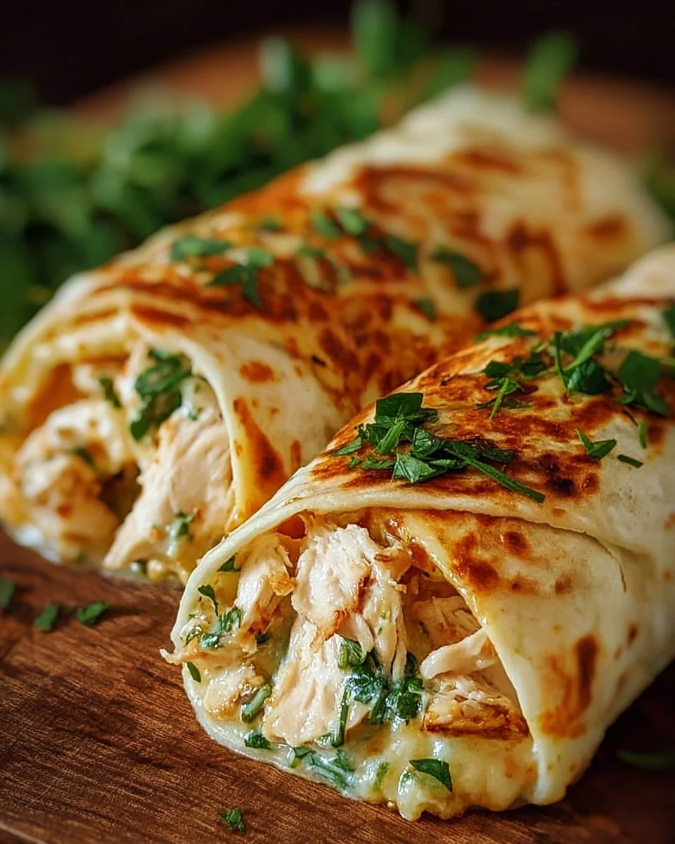 Cheesy chicken garlic wraps with fresh ingredients served on a plate